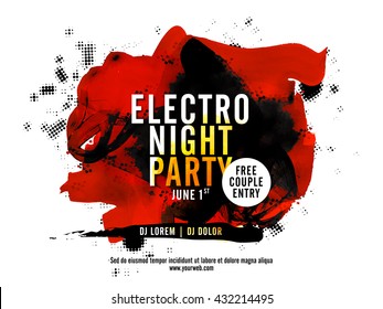 Electro Night Party Template, Dance Party Flyer, Musical Party Banner or Club Invitation design, Creative background with abstract brush strokes.