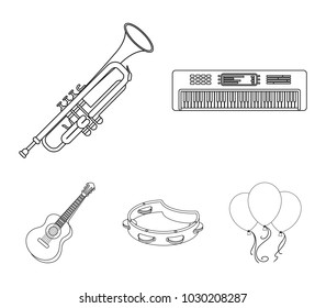 Electro organ, trumpet, tambourine, string guitar. Musical instruments set collection icons in outline style vector symbol stock illustration web.