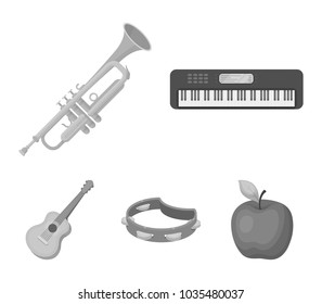 Electro organ, trumpet, tambourine, string guitar. Musical instruments set collection icons in monochrome style vector symbol stock illustration web.