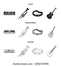 Electro organ, trumpet, tambourine, string guitar. Musical instruments set collection icons in black,monochrome,outline style vector symbol stock illustration web.