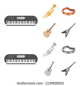 Electro organ, trumpet, tambourine, string guitar. Musical instruments set collection icons in cartoon,monochrome style vector symbol stock illustration web.