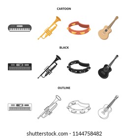 Órgano Electro, trompeta, tambourine, guitarra de cuerdas. Instrumentos musicales conjunto iconos de colección en caricatura,negro,el símbolo de la forma de contorno símbolo vectorial de la ilustración de material web.