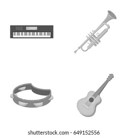 Electro organ, trumpet, tambourine, string guitar. Musical instruments set collection icons in monochrome style vector symbol stock illustration web.