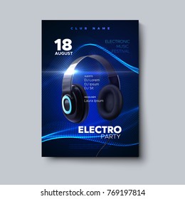 Electro party invitation design template. Electronic music festival poster. Technology cover with realistic headphones and glowing futuristic neon wave. Nightlife club event advertising