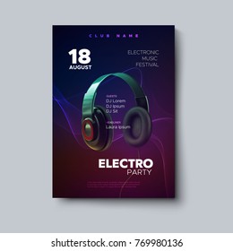 Electro party invitation design template. Electronic music festival poster. Technology cover with realistic headphones and flowing futuristic wavy streamed wires. Nightlife club event advertising