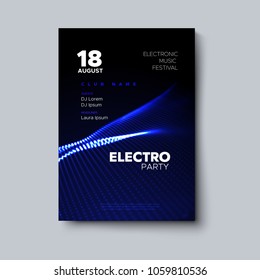 Electro party invitation poster. Electronic music festival flyer. Vector illustration of abstract luminous neon wave of particles.