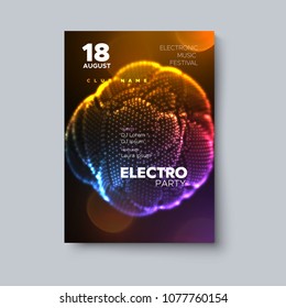 Electro party invitation poster. Electronic music festival flyer. Vector illustration of abstract luminous shape of particles. Neon colors dynamic cover design. Organic shiny sphere