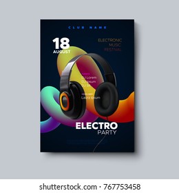 Electro party invitation poster. Electronic music festival flyer. Vector illustration of realistic headphones with abstract liquid gradient shape