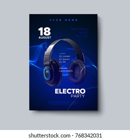 Electro party invitation poster. Electronic music festival flyer. Vector illustration of realistic headphones with abstract luminous neon wave of particles.