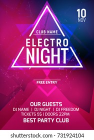 Electro party music night poster template. Electro style concert disco party event invitation.