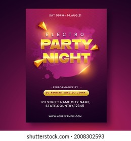Electro Party Night Invitation Card With 3D Golden Triangles And Event Details.