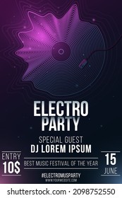 Electro party poster. Retro musical plate made of glowing abstract wavy shapes. Night dance invitation. Music disco. Flyer for your event. Club and DJ name. Vector illustration