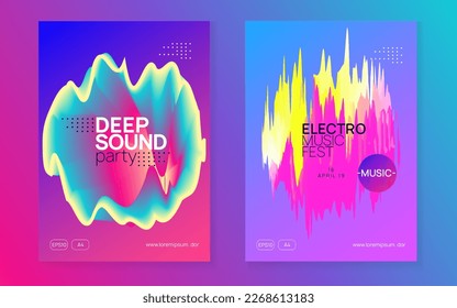 Electro Poster. Sound And Carnival Layout. Wavy Dance Banner. Jazz Glitch For Presentation. Minimal Background For Cover Shape. Blue And Purple Electro Poster
