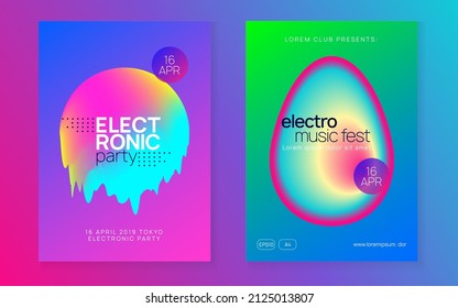 Electro Poster. Techno And Discotheque Design. Wavy Disco Party. Abstract Pattern For Presentation Shape. Trendy Glitch For Cover. Pink And Blue Electro Poster
