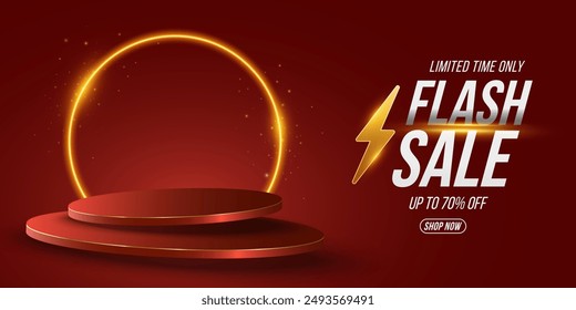 Elektro-Szene für Flash-Verkauf. Schwebendes 3D-Podium. Trendy Sockel für Show Ihr Produkt. Promo Business Banner Vorlage. Vektorillustration. EPS 10