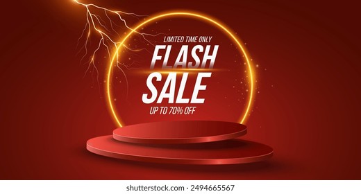 Electro scene for Flash sale. Levitating 3d podium with glowing neon round arc and lightning. Trendy pedestal for show your product. Promo business banner. Vector illustration