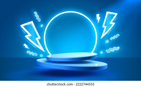 Electro scene mega sale, danger podium banner, neon night pedestal. Vector illustration - Shutterstock ID 2222744553