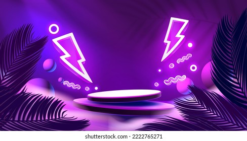 Electro scene mega sale, danger podium banner, neon night pedestal. Vector illustration