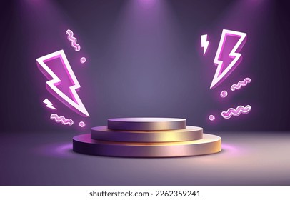 Electro scene mega sale, danger podium banner, neon night pedestal. Vector illustration