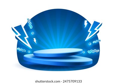 Electro scene mega sale, danger podium banner, neon night pedestal. Vector illustration
