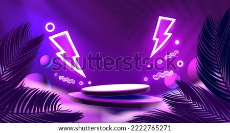 Electro scene mega sale, danger podium banner, neon night pedestal. Vector illustration