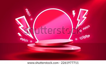 Electro scene mega sale, danger podium banner, neon night pedestal. Vector illustration