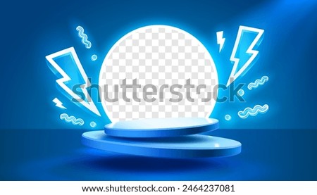 Electro scene mega sale, danger podium banner, neon transparent pedestal. Vector illustration