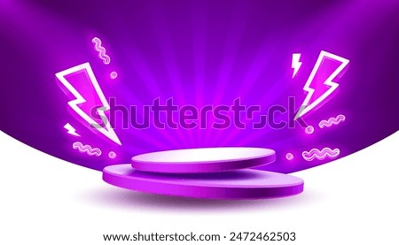 Electro scene mega sale, danger podium banner, neon night pedestal. Vector illustration