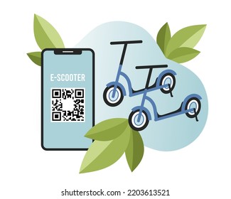 Electro scooter station, alquiler de e-scooter, teléfono y código qr sobre fondo azul. Transporte alternativo ecológico, amigable con el medio ambiente. Ilustración vectorial en un estilo plano con hojas verdes.