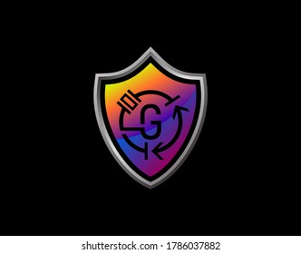 Electro Shield G Letter Logo With Electrical Code and Modern Shield Design. Security G Icon Protection Design Template.