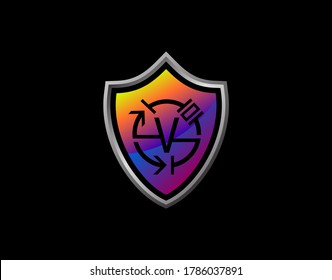 Logotipo Electro Shield V Letter con código eléctrico y diseño de escudo moderno. Plantilla de diseño de protección de iconos V de seguridad.