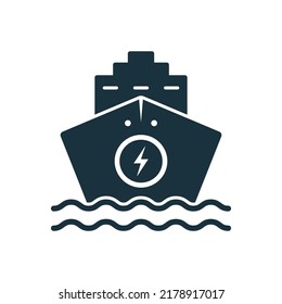 Electro Ship Silhouette Black Icon. Ecology Marine Sign for Freight, Passenger Travel. Vessel Alternative Eco Transportation Icon. Electric Cargo Boat Pictogram. Isolated Vector Illustration.