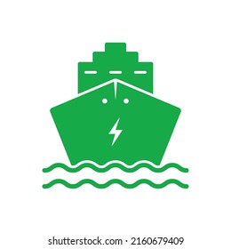 Electro Ship Silhouette Green Icon. Electric Cargo Boat Pictogram. Vessel Alternative Eco Transportation Icon. Ecology Marine Sign for Freight, Passenger Travel. Isolated Vector Illustration.