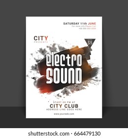 Electro Sound, Music Party Flyer, Template or Banner design. Abstract brush stroke background with halftone dotted effect.