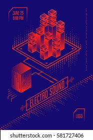 Afiche de música de sonido de Electro. Volante de fiesta de club con elementos de diseño isométrico. Ilustración del vector