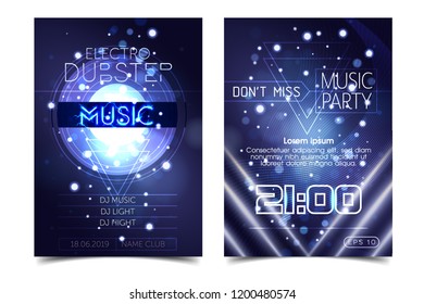 Electro sound party music poster. Electronic club deep music. Musical event disco trance sound. Night party invitation. DJ flyer poster