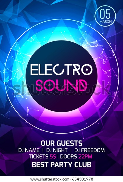 Electro sound party music poster. Electronic club\
deep music. Musical event disco trance sound. Night party\
invitation. DJ flyer\
poster.