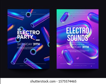 "Electro sounds" club invitation flyer. Dance party design with holographic shapes. Esp10 vector.