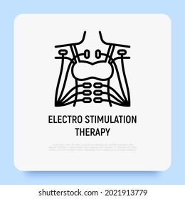 Electro stimulation therapy thin line icon, electrodes on woman's body. Modern vector illustration.
