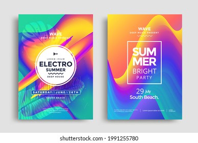 Electro Summer music poster with colorful fluid wave and palm leaf. Abstract gradients waves sound background. Vector illustration