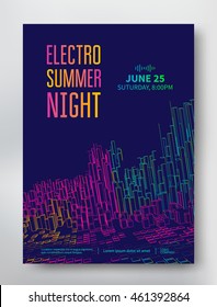 Electro summer night poster template with colored rectangles in the form of linear city and equalizer. Music abstract flyer. Vector