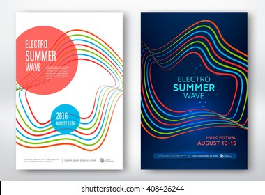 Electro summer wave music poster. Club party flyer. Abstract colored waves background.