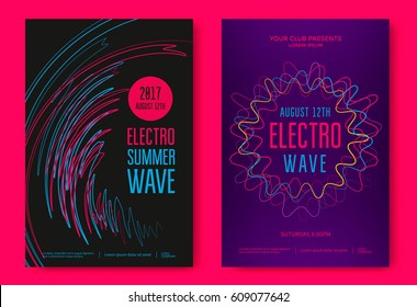 Electro summer wave music poster. Abstract colored waves music background.