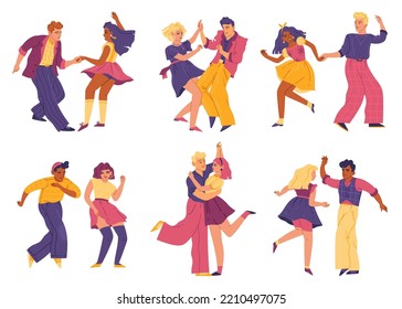 Bailarines de swing de Electro. Personas de danza retro, parejas con ropa vintage, personajes de rock n roll, poses elegantes, personas de los años 50, conjunto vectorial