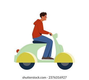 Electro transport concept. Man at eco friendly scooter. Care about nature and ecology. Electricity and power. Poster or banner. Cartoon flat vector illustration isolated on white background