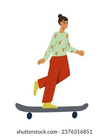 Electro transport concept. Woman at eco friendly skateboard. Care about nature and ecology. Zero waste lifestyle. Poster or banner. Cartoon flat vector illustration isolated on white background