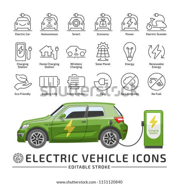 Electro vehicle editable stroke line icon set\
with electric eco car hatchback vector green mockup with charge\
station.