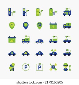 Electro vehicle flat icon set with electric eco car charge station. vector