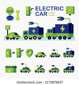 Electro vehicle flat icon set with electric eco car charge station. vector