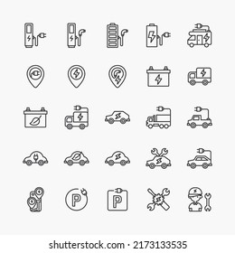 Electro vehicle stroke line icon set with electric eco car charge station. vector